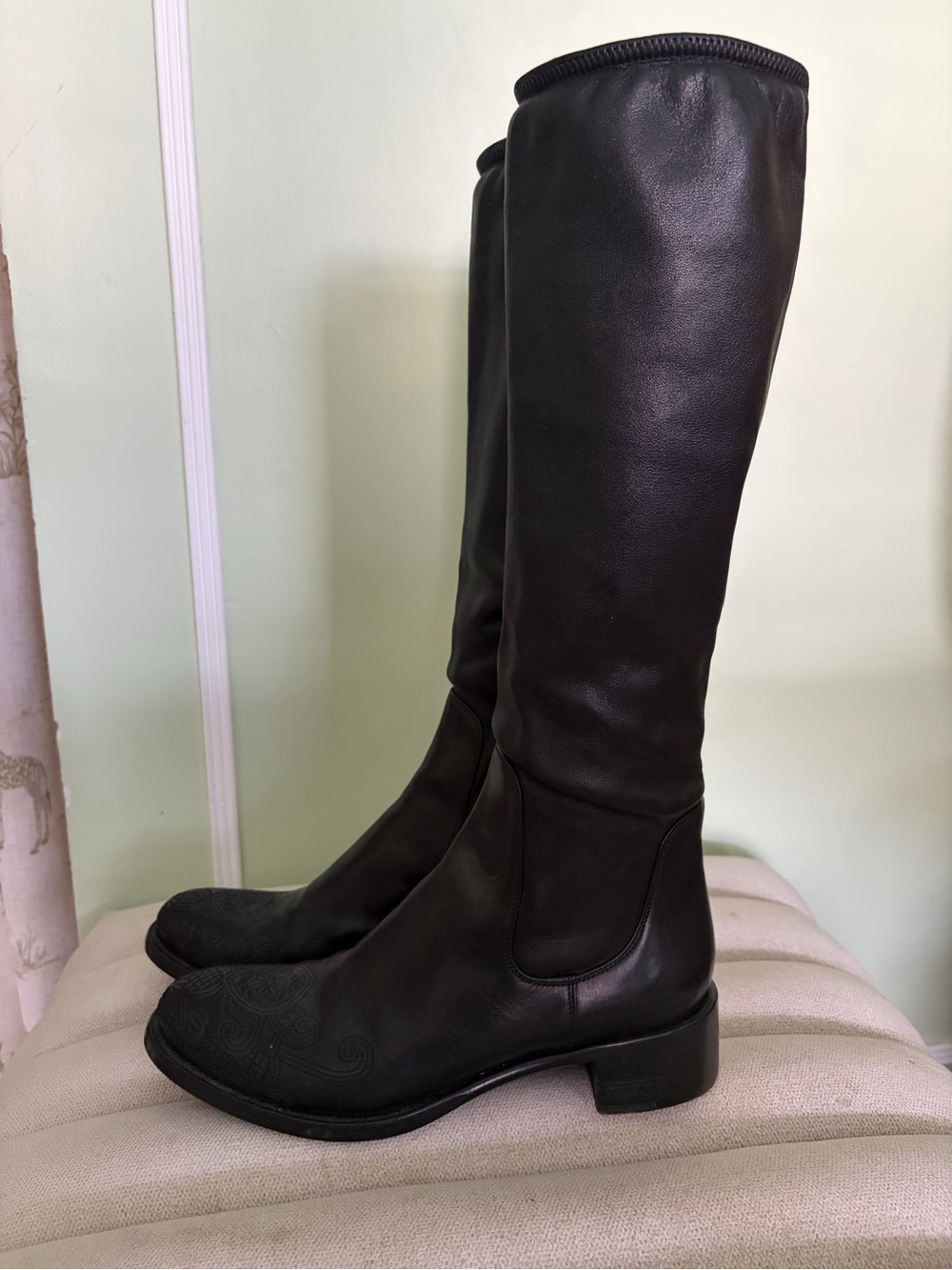 Prada Black Designer Knee High Riding Western Boots Heels Size 7 8 37.5 37 7.5 - Picture 6 of 15